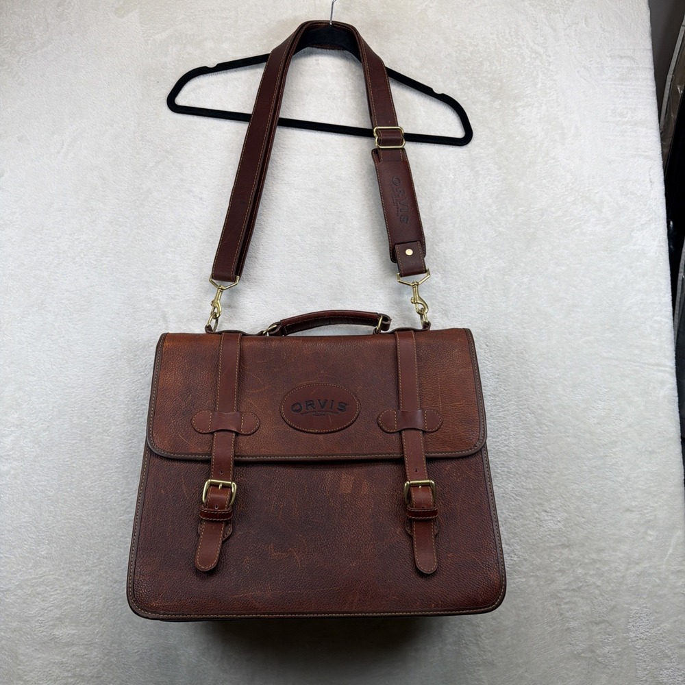 Vintage Orvis Leather Briefcase Attache Messenger Laptop Bag Brown Shoulder - Picture 2 of 16